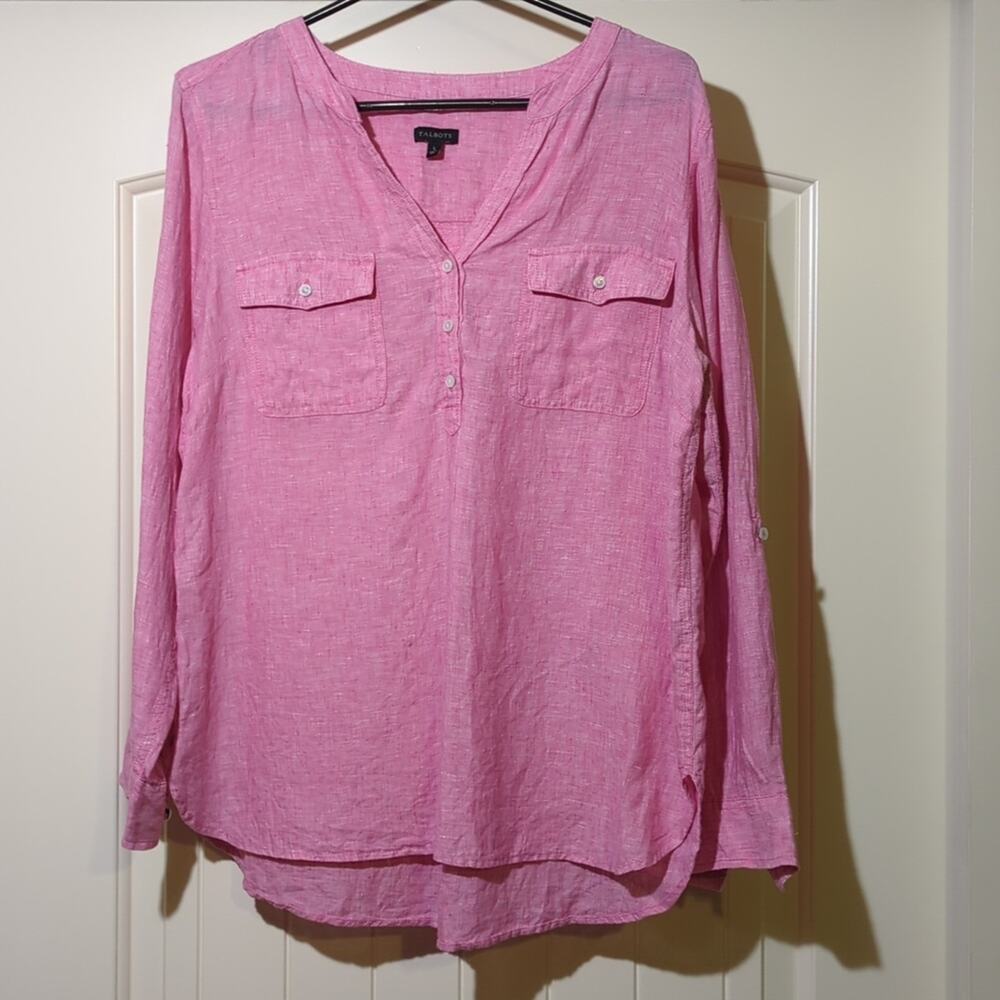 Talbot's Pink Linen V-Neck Roll Tab Sleeve Two Front Button Pocket Shirt Size L